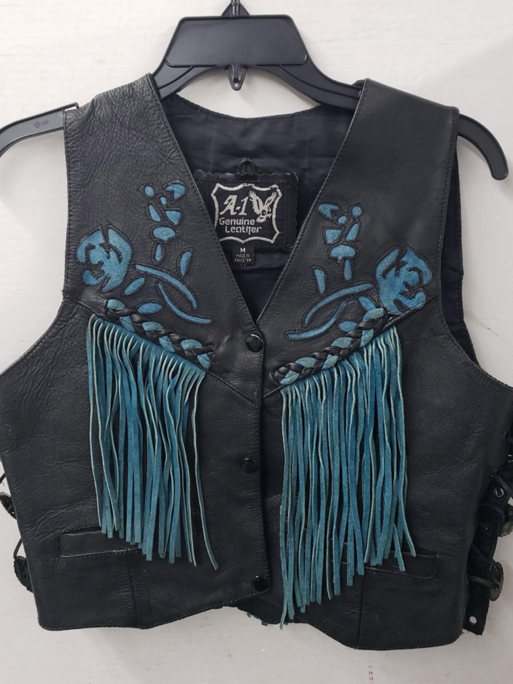 A1 Leather Vest w/Teal Floral and Fringe Accents. Size M